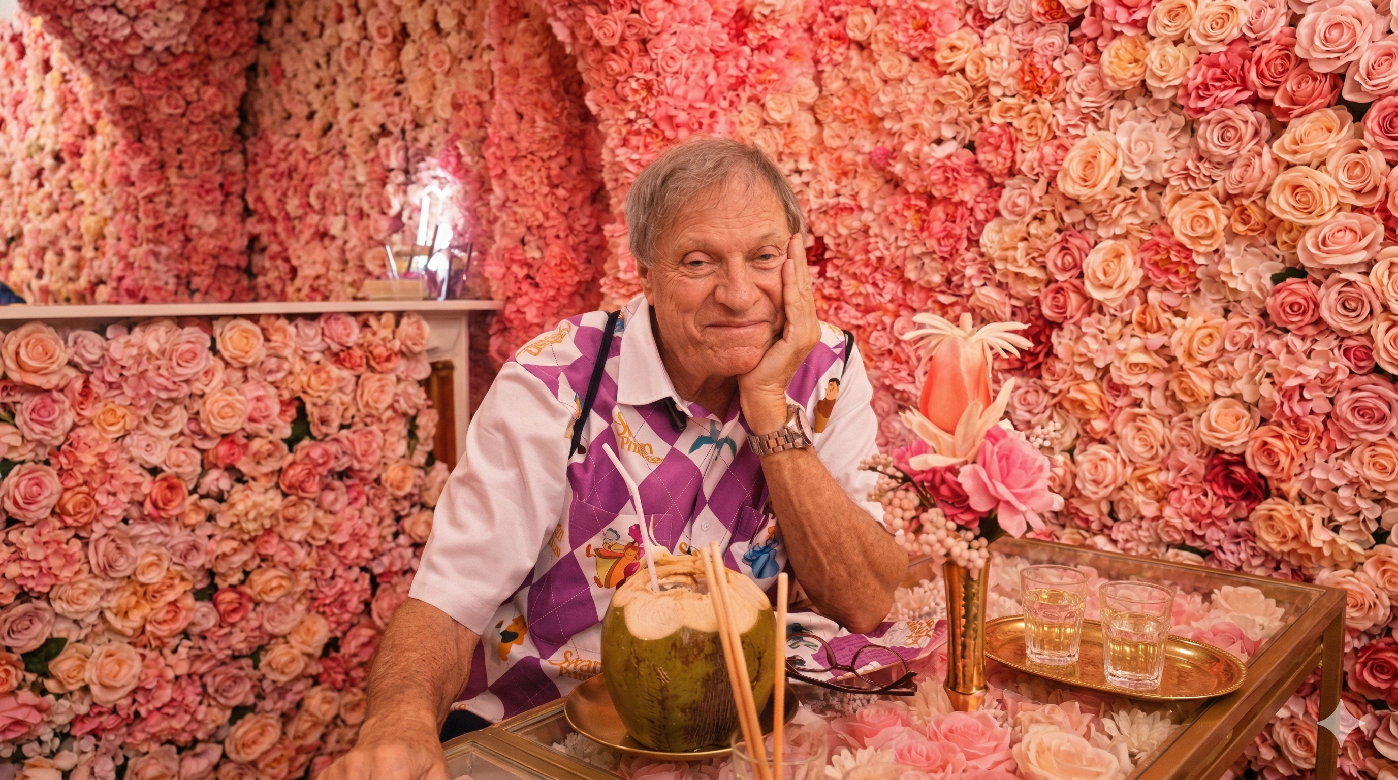 Seldon Young surrounded by pink flowers in his signature argyle