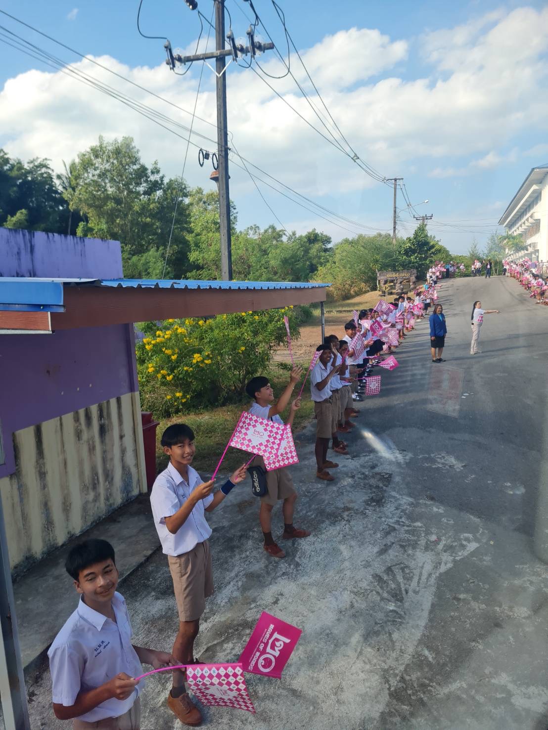 Students lining the road with pink argyle flags