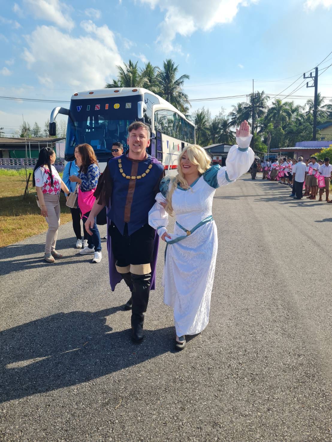 Swan Princess and partner in costume at the school gates